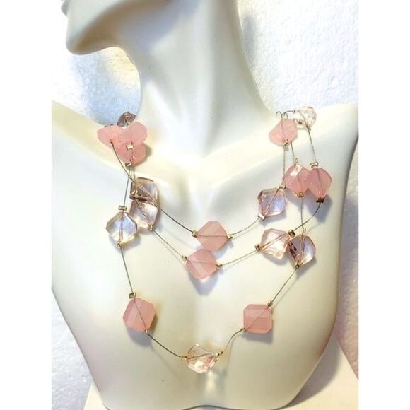 Vintage Pink Clear & Opaque Pink Faceted Beaded Silver Tone Layered Necklace - Picture 1 of 7